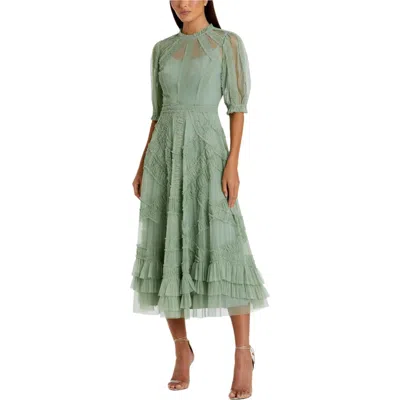 Mac Duggal High Neck Puff Sleeve Ruffle Tiered Dress In Jade