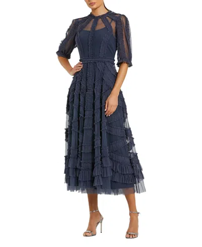 Mac Duggal High Neck Puff Sleeve Ruffle Tiered Dress In Midnight