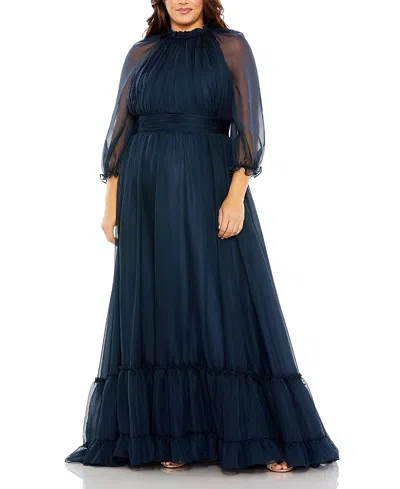 Mac Duggal High Neck Puff Sleeve Tiered A Line Gown In Midnight