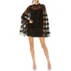 Mac Duggal High Neck Ruggle Bell Sleeve Trapeze Dress In Black