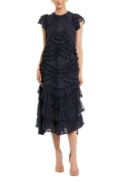 Mac Duggal High Neck Ruffle Mesh Midi Dress In Blue