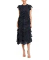 Mac Duggal Button Up Cap Sleeve Boucle A Line Midi Dress In Blue