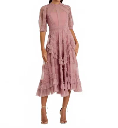 Mac Duggal High Neck Ruffle Tiered A-line Midi Dress In Antique Rose In Pink
