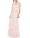Mac Duggal High Neck Ruffle Tiered Floral Gown In Pink