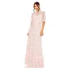 Mac Duggal High Neck Ruffle Tiered Floral Gown In Pink