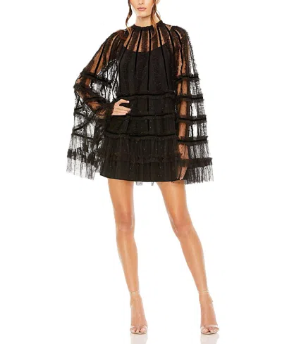 Mac Duggal High Neck Ruggle Bell Sleeve Trapeze Dress In Black