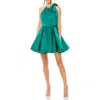 Mac Duggal Brocade Halter Bow Neck Sleeveless Full Skirt Mini Dress In Emerald In Green