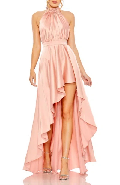 Mac Duggal High Neck Satin High Low Gown In Multi