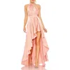 Mac Duggal High Neck Satin High Low Gown In Pink