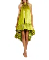 Mac Duggal Keyhole High Neck Satin Ruffle Hem Mini Dress In Apple Green