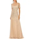 Mac Duggal High Neck Sequin Embellished A-line Gown In Neutral