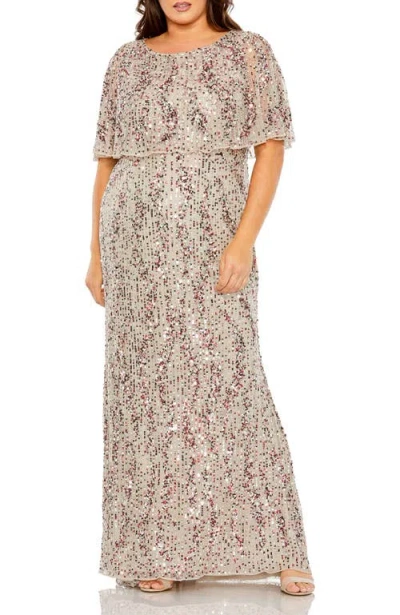 Mac Duggal High-neck Sequin Embellished Dress With Semi-sheer Cape Sleeves In Neutral