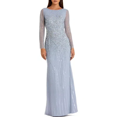 Mac Duggal High Neck Sequin Embellished Long Sleeve A Line Gown In Blue