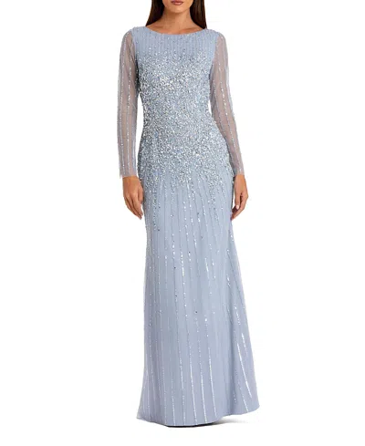 Mac Duggal High Neck Sequin Embellished Long Sleeve A Line Gown In Blue