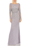 Mac Duggal High Neck Sequin Embellished Long Sleeve A Line Gown In Purple