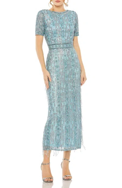 Mac Duggal High Neck Short Sleeve Crystal Fringe Column Dress In French Blue