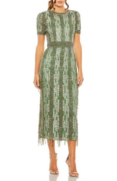 MAC DUGGAL MAC DUGGAL HIGH NECK SHORT SLEEVE CRYSTAL FRINGE COLUMN DRESS