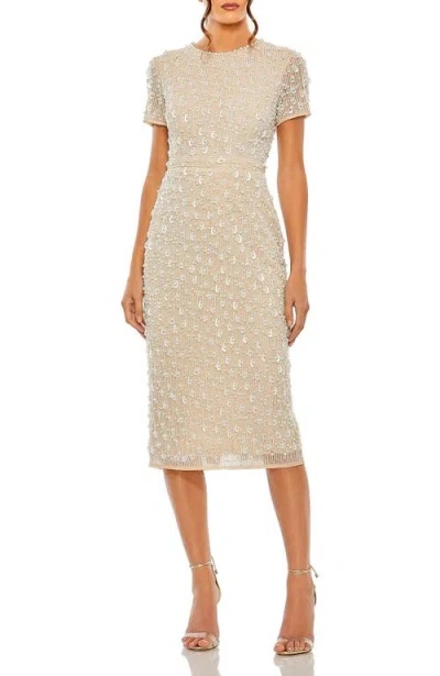 Mac Duggal High Neck Short Sleeve Embellished Dress In Gray