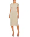Mac Duggal High Neck Short Sleeve Embellished Dress In Nude