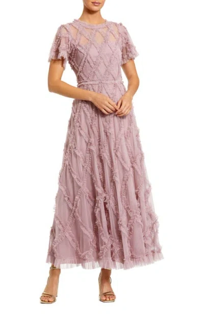 Mac Duggal High Neck Short Sleeve Ruffle Ankle Length Dress In Pink