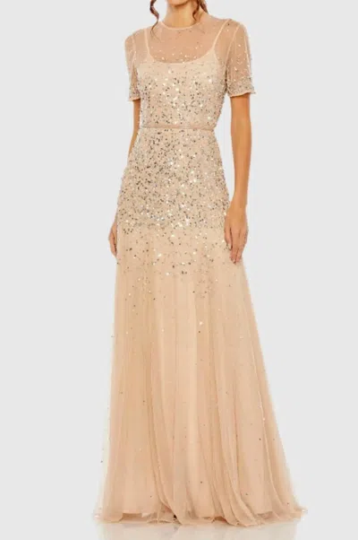 Mac Duggal High Neck Sequin Embellished A-line Gown In Neutral