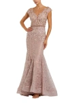 Mac Duggal Embroidered Illusion Appliqued Bodice Trumpet Gown In Mocha