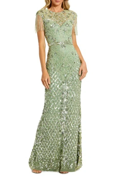 Mac Duggal High Neck Sleeveless Beaded Fringe Fitted Gown In Sage