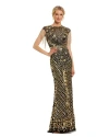 Mac Duggal High Neck Sleeveless Beaded Fringe Fitted Gown In Black Gold