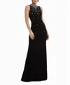 Mac Duggal High Neck Sleeveless Beaded Jersey Fitted Gown In Black