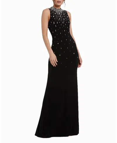 Mac Duggal High Neck Sleeveless Beaded Jersey Fitted Gown In Black