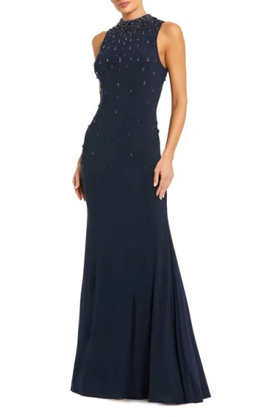 Mac Duggal High Neck Sleeveless Beaded Jersey Fitted Gown In Blue