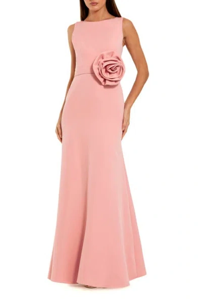 Mac Duggal High Neck Sleeveless Crepe A Line Gown With Flower In Pink