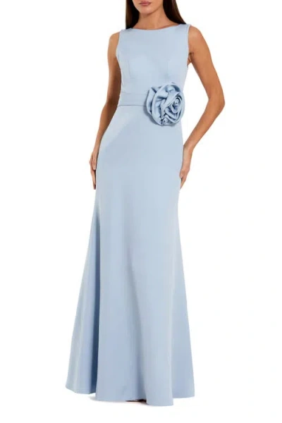 Mac Duggal High Neck Sleeveless Crepe A Line Gown With Flower In Blue