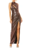 Mac Duggal High Neck Sleeveless Cut-out Metallic Gown In Mocha