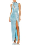 Mac Duggal Sleeveless High Neck Evening Gown In Powder Blue