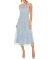 Mac Duggal High Neck Sleeveless Embellished A-line Dress In Blue