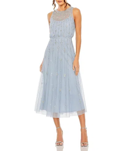 Mac Duggal High Neck Sleeveless Embellished A-line Dress In Blue