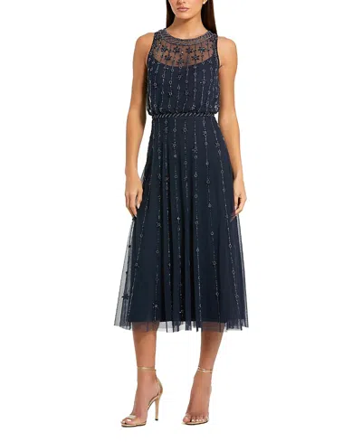 Mac Duggal High Neck Sleeveless Embellished A-line Dress In Blue