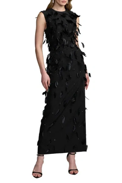 Mac Duggal High Neck Sleeveless Feather Embellished Dress In Black