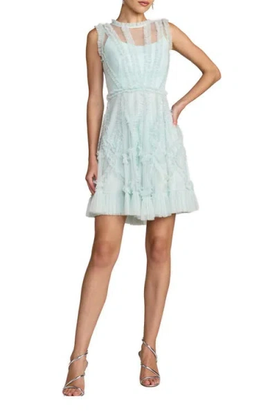 Mac Duggal High Neck Sleeveless Micro Ruffle Mini Dress In Blue
