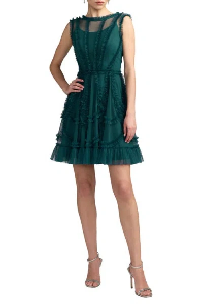 Mac Duggal High Neck Sleeveless Micro Ruffle Mini Dress In Green
