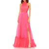 Mac Duggal High Neck Tiered Chiffon Halter Gown In Hot Pink