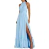 Mac Duggal High Neck Tiered Chiffon Halter Gown In Sky Blue