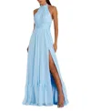 Mac Duggal High Neck Tiered Chiffon Halter Gown In Sky Blue