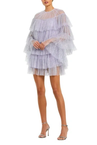Mac Duggal High Neck Tiered Ruffle Pearl Beaded Cape Dress In Lilac
