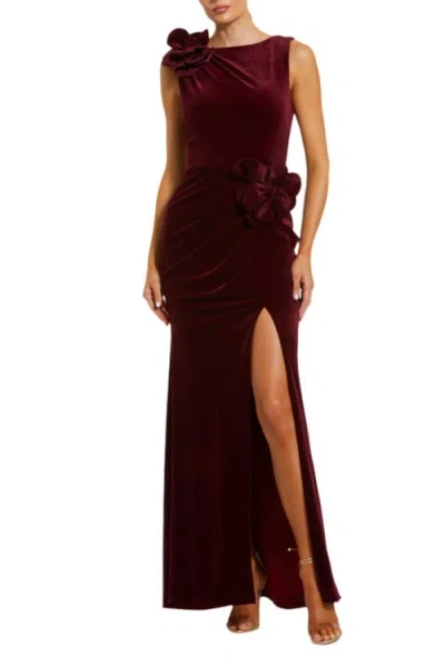 Mac Duggal High Neck Velvet Column Dress With 3d Flowers In Burgundy