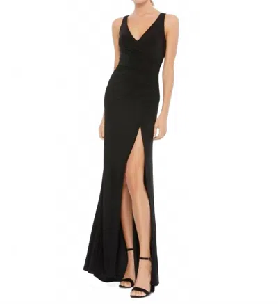 Mac Duggal High Slit Faux Wrap Dress In Black