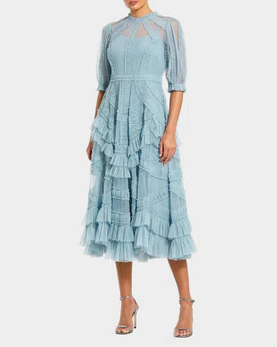 Mac Duggal High-neck Gathered Tulle Midi-dress In Blue