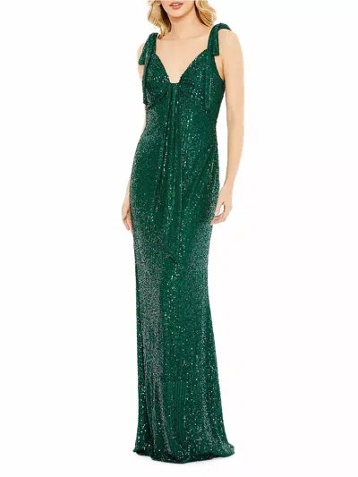 Mac Duggal Ieena- Sequined Low Back Bow Shoulder Gown In Emerald In Green