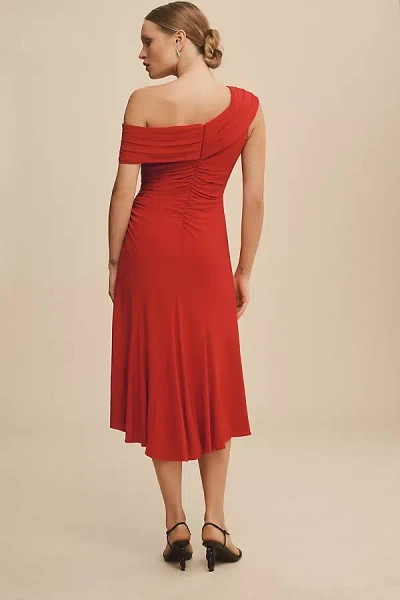 Mac Duggal Ieena For  Ruched Off-the-shoulder Midi Dress In Red